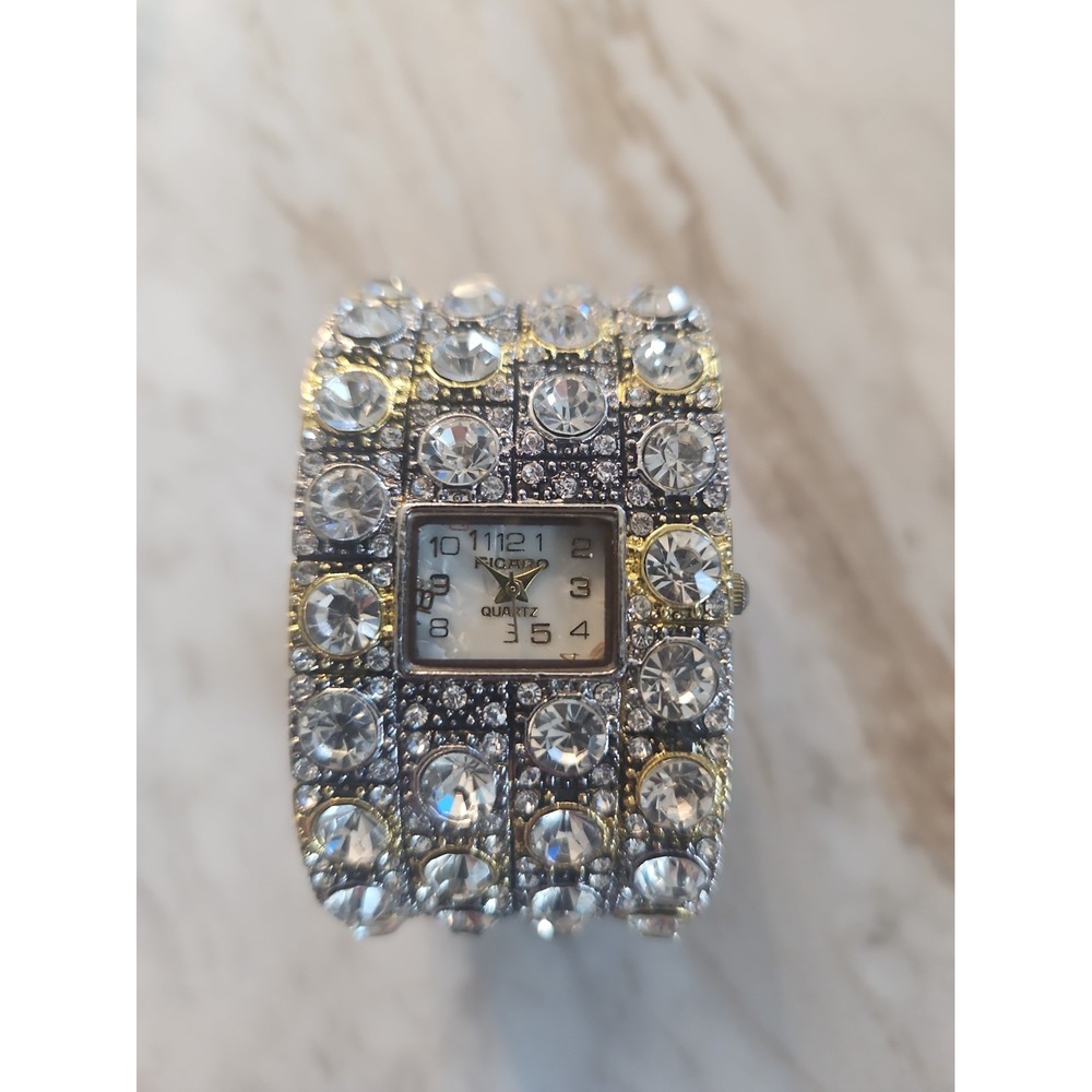 Figaro Ladies Cuff Watch Gold Tone Wide Band Rhinestone Statement Needs Battery
